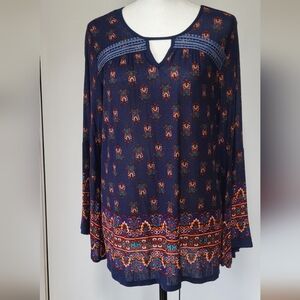 Vintage America navy print bell sleeve boho blouse, Size M